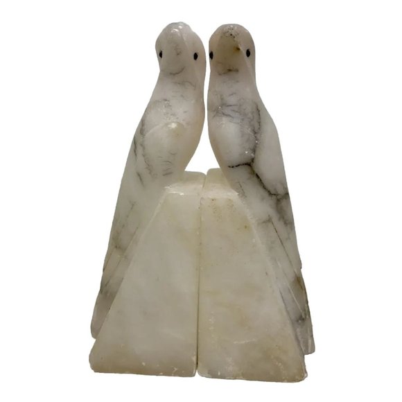 Hand Crafted Other - Vtg Art Deco Italian Alabaster Stone Parrot Bird Antq Hand Carved Bookends Luck